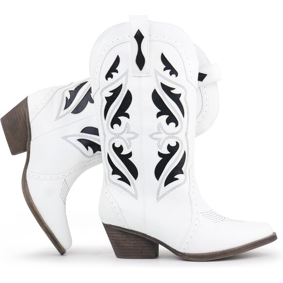 Hawkwell Women's White Western Rodeo Cowgirl Embroidered Pointed Toe Boots - Picture 1 of 6